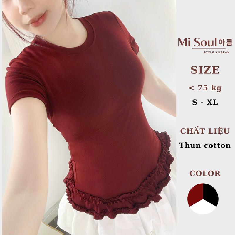 Áo Thun Nữ Gấu Bèo MiSoul Áo Cổ Tròn Cộc Tay Viền Bèo Thun Cotton Mịn Mát BigSize 435