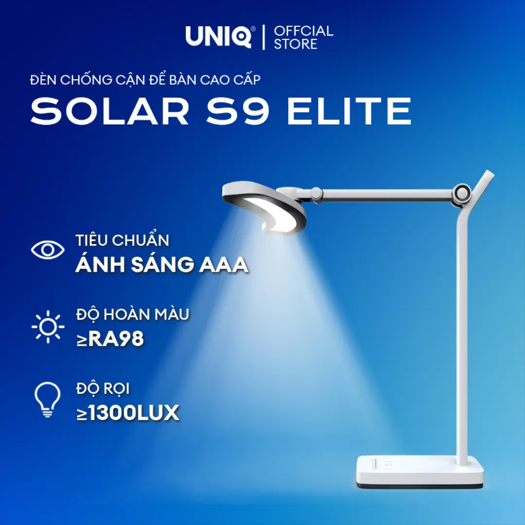 Đèn led để bàn làm việc cao cấp UNIQ Solar S9 Elite đèn học đọc sách chống cận thị cho bé tích hợp đồng hồ podomoro