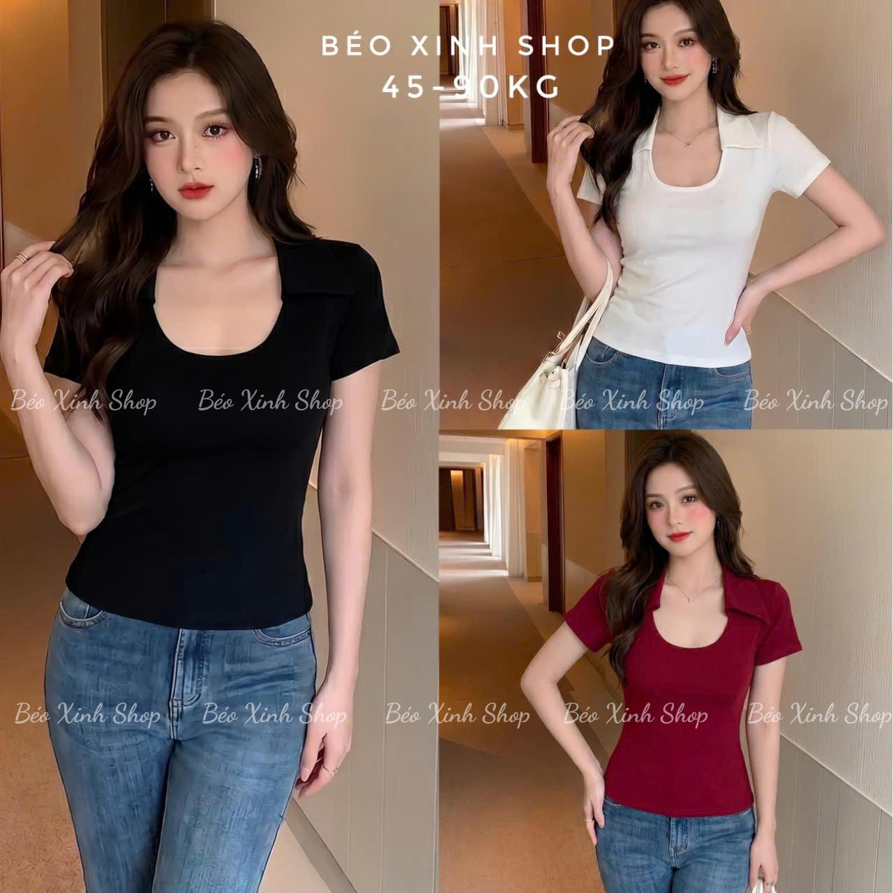 Áo Thun Polo Nữ Phối Cổ Vuông (Vải Thun Borit) Cao Cấp Thanh Lịch Bigsize Cho Nàng 45- 90Kg Dễ Thương Top Nữ Women - A.1640