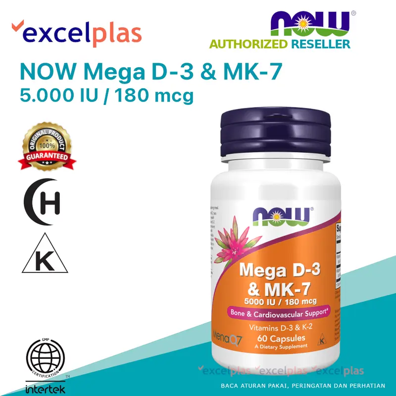 NOW Mega D-3 & MK-7 60 Veg Capsules Vitamins D3 & K2 5000 IU / 180 mcg 0