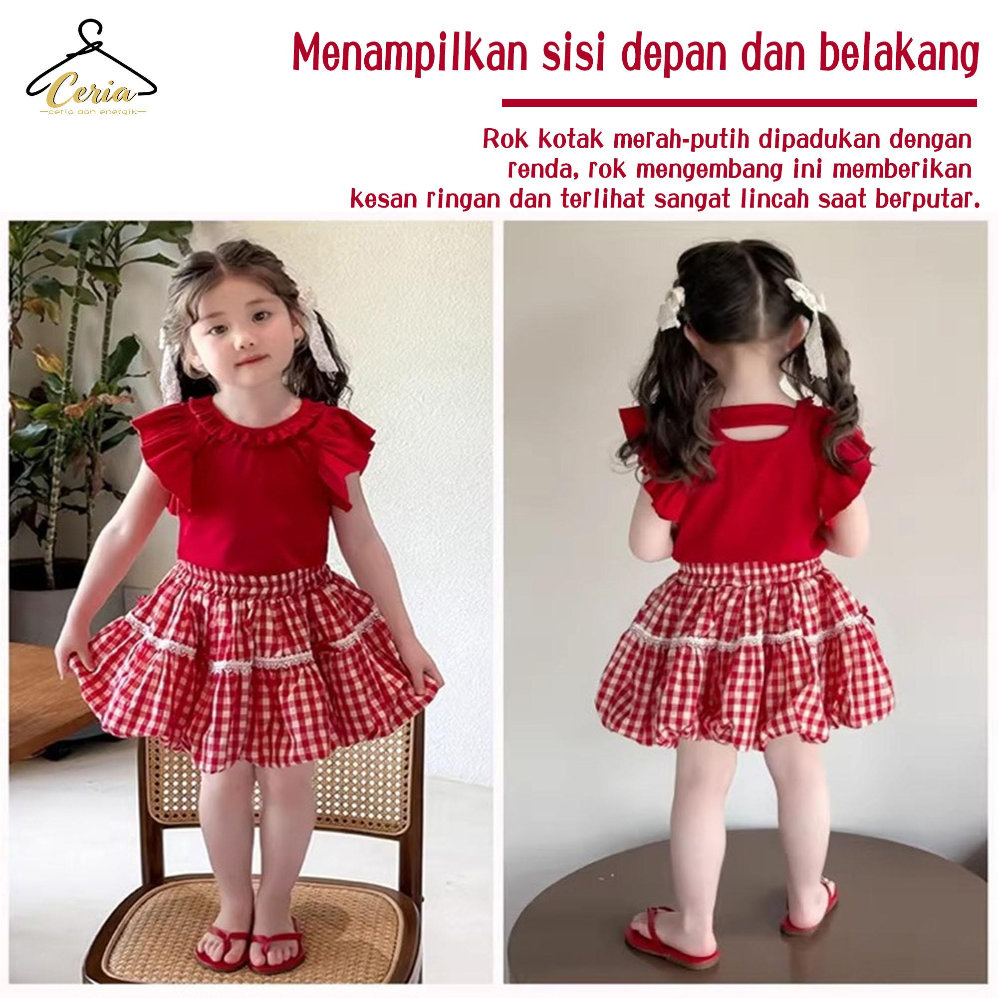 Ceria-Set Rok Angin Dopamin Anak Perempuan / Set Anak Perempuan Kotak-kotak Merah / Atasan Lengan Rumbai dan Rok Mengembang Dua Potong