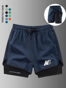 Pantalones cortos de verano para hombre con cintura de cuerda, pantalones deportivos casuales 2 en 1, forro interior de secado rápido, pantalones cortos para correr y entrenamiento en el gimnasio