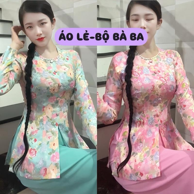 ÁO LẺ BỘ BÀ BA nữ vải gấm thiết kế áo cổ tròn đính Ngọc tay dài quần mango màu