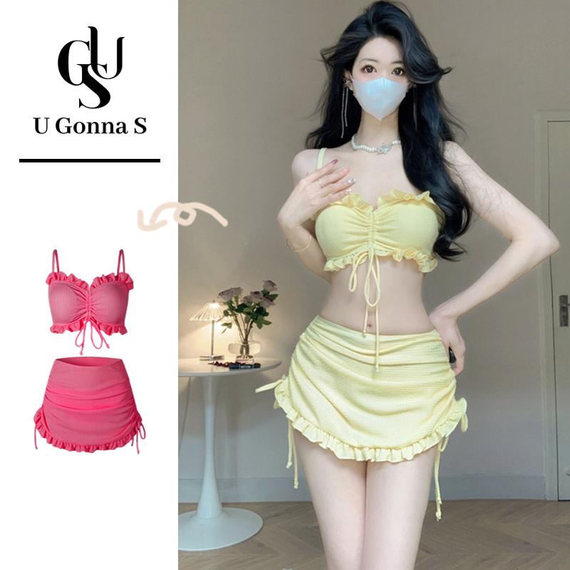 Bộ đồ bơi hai mảnh trang phục đi biển Áo Tắm Phụ Nữ Sexy nâng Đệm 3 Mảnh 2024 phong cách mới Với Váy eo cao Dễ Thương Thời Trang Căng Ra Đồng Bằng Voi Top Women Vàng