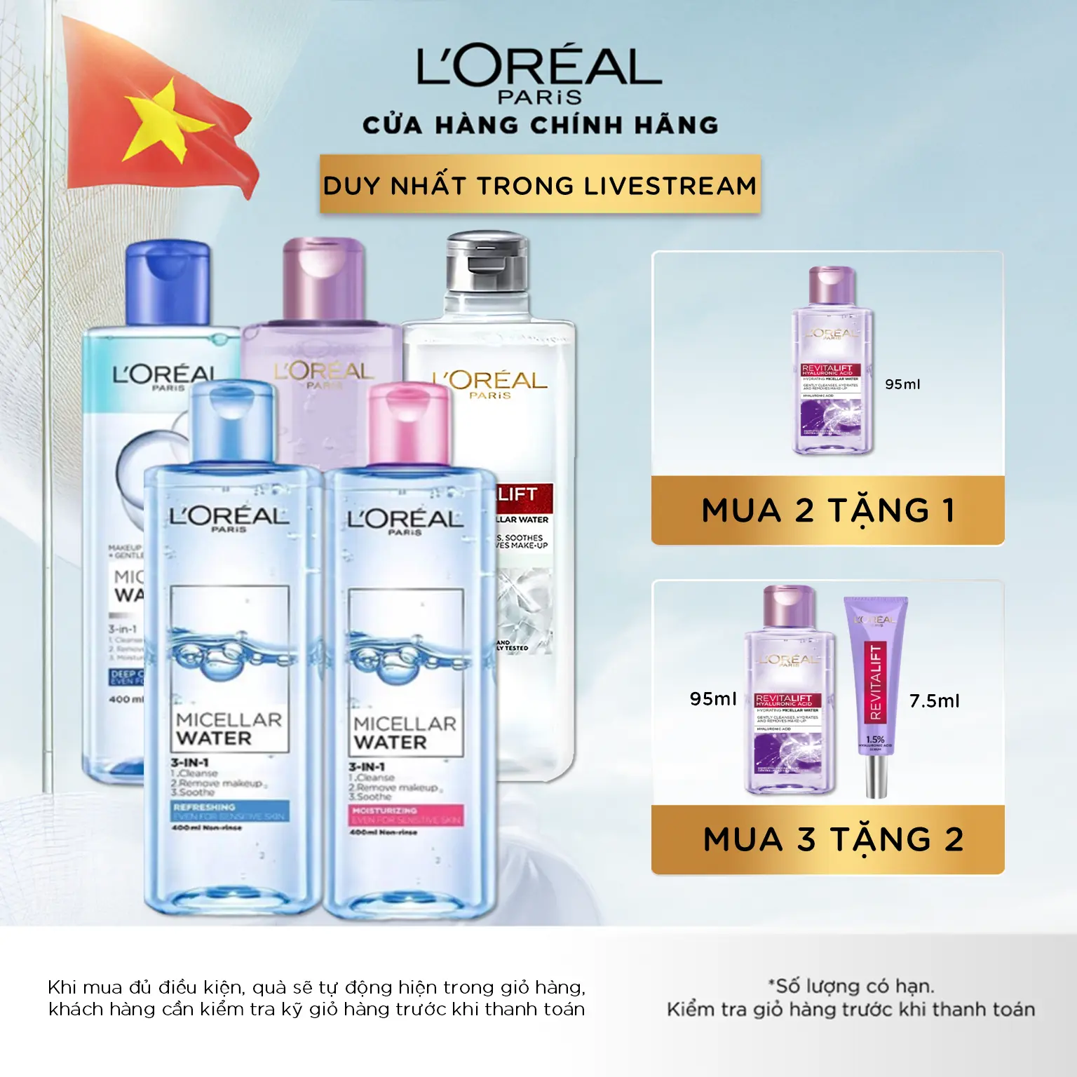 [BRAND LS] Nước tẩy trang và làm sạch sâu 3-in-1 L'Oreal Paris Micellar Water 400ml (5 phân loại) Cosmetic