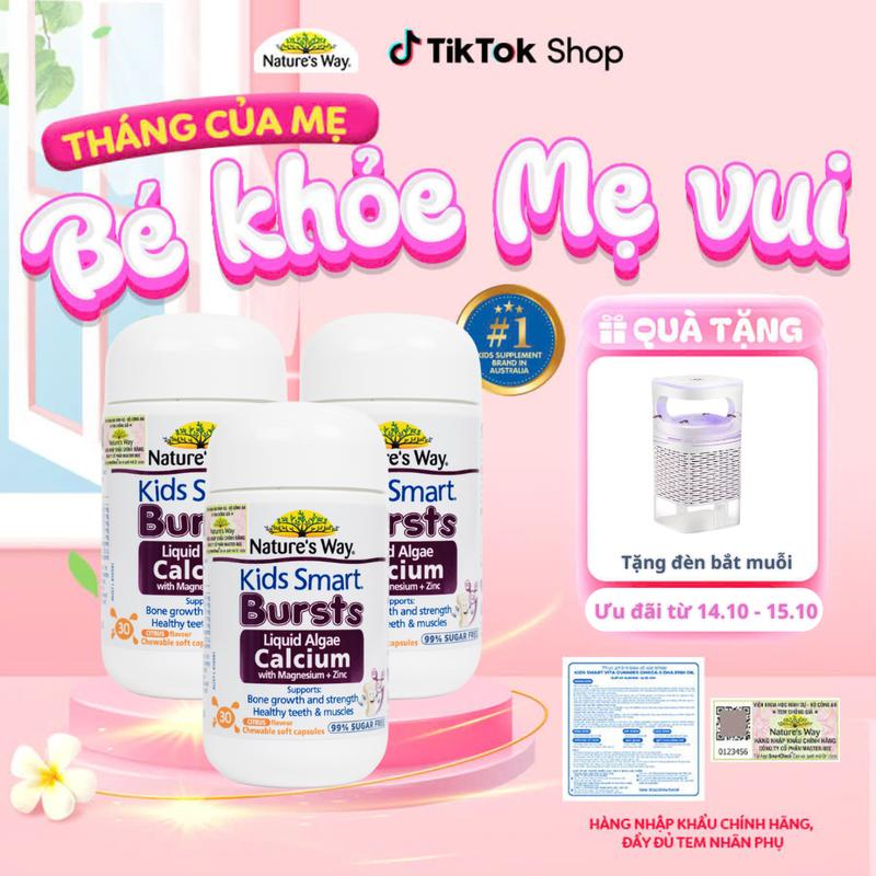 [NW] [TẶNG ĐÈN BẮT MUỖI] COMBO 3 HỘP Viên Nhai Nature's Way Kids Smart Bursts Liquid Algae Calcium With Magnesium + Zinc - Calci tổ ong tảo biển đỏ Aquamin F bổ sung Vitamin D3 + K2 - Hỗ trợ phát triển xương, răng chắc khỏe - 30 viên