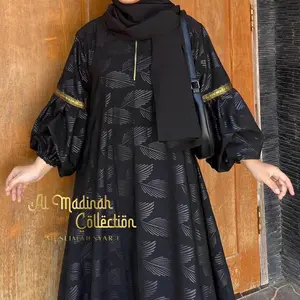 Abaya Shiva Basic Fortaleza Embos Lengan Pita Renda Gold Wanita Muslim Gamis Mewah Hitam
