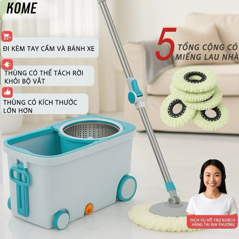 KUMALL Bộ Chổi Lau Nhà Xoay 360 Độ Cao Cấp Mới Gồm 1 Chậu Giăt 2 Cây Lau 8 Bông Lau SPINMOP ( lưu ý  có mục phân loại 1 cây lau và mục 2 cây lau )