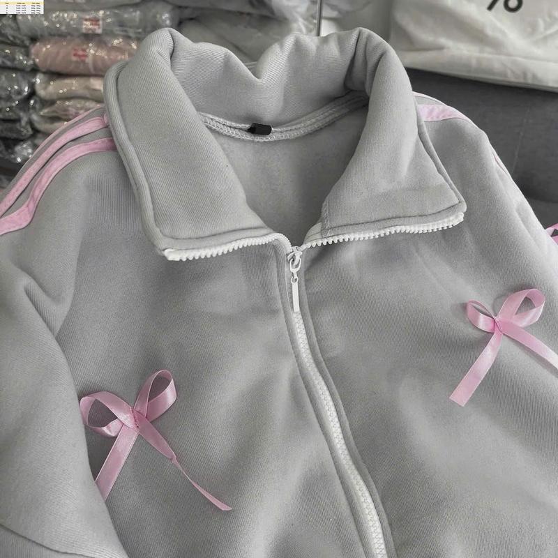 Áo Khoác Nữ Women Jacket Cổ Trụ Dây Kéo Form Rộng Đính Nơ Dễ Thương Top bán chạy 2