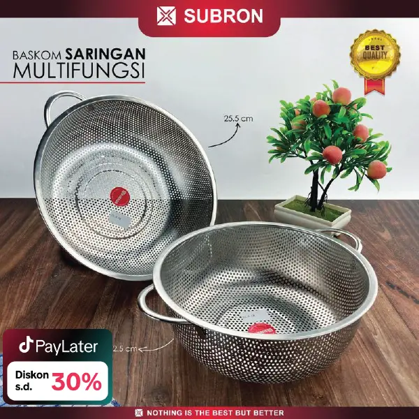 SUBRON Saringan Multifungsi 22.5cm 25.5cm Baskom Lubang Cuci Buah Sayur Daging Kelapa Stainless Gambar