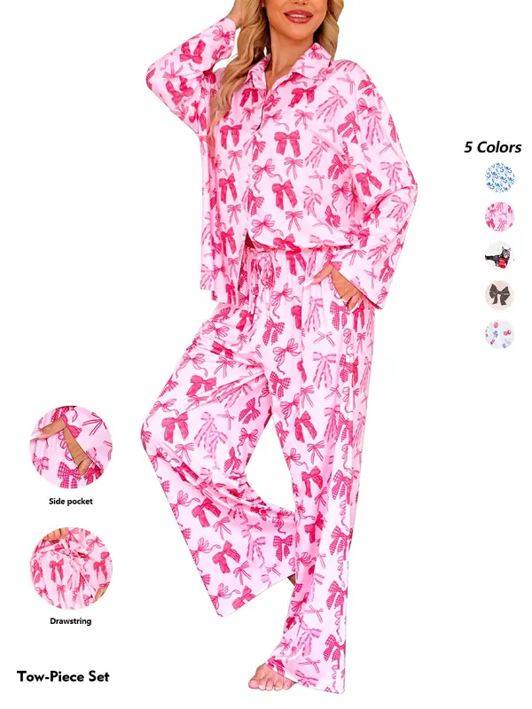 Women's All Over Print Lapel Neck Pajama Two-piece Set, Long Sleeve Button Top & Pants PJ Set, Casual Comfy Pyjama Set for Women, Loungewear 6