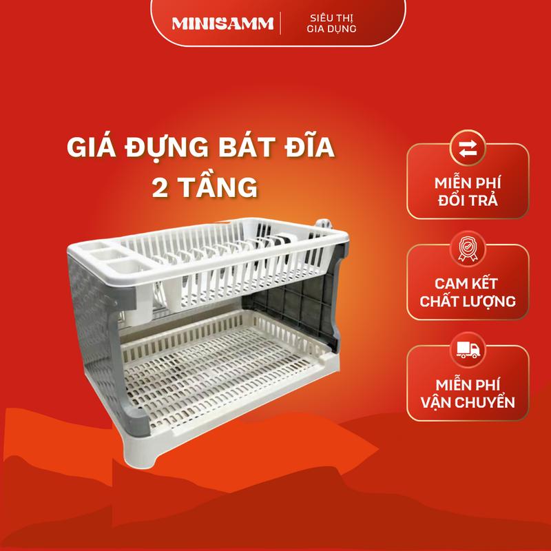 Giá đựnġ bát đĩa 2 tầng nhà bếp Kệ úp chén có ống đũa đa năng kèm khay hứng nước Kitchen