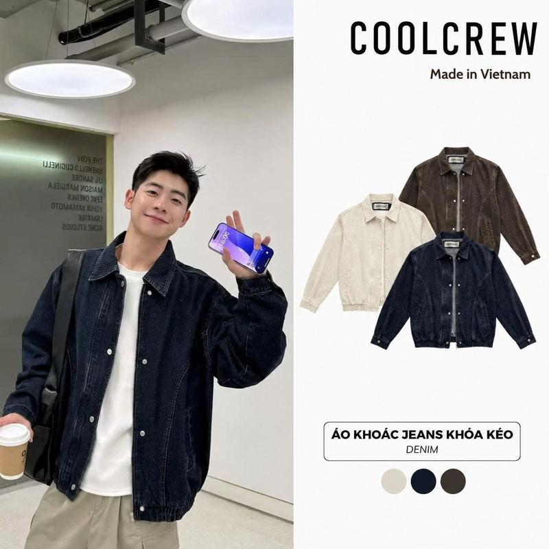 Áo Khoác Jeans Khóa Kéo COOLCREW Cổ Bẻ Form Rộng Unisex Chất Liệu Denim Dày Dặn Cao Cấp Phong Cách Hàn Quốc AKD172