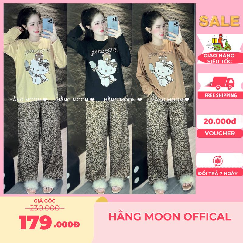 Set Đồ Nữ BigSize Set Bộ Áo Cotton TAY DÀI KITTY Phối Quần DA BEO Siêu Xinh Form 45 - 85Kg