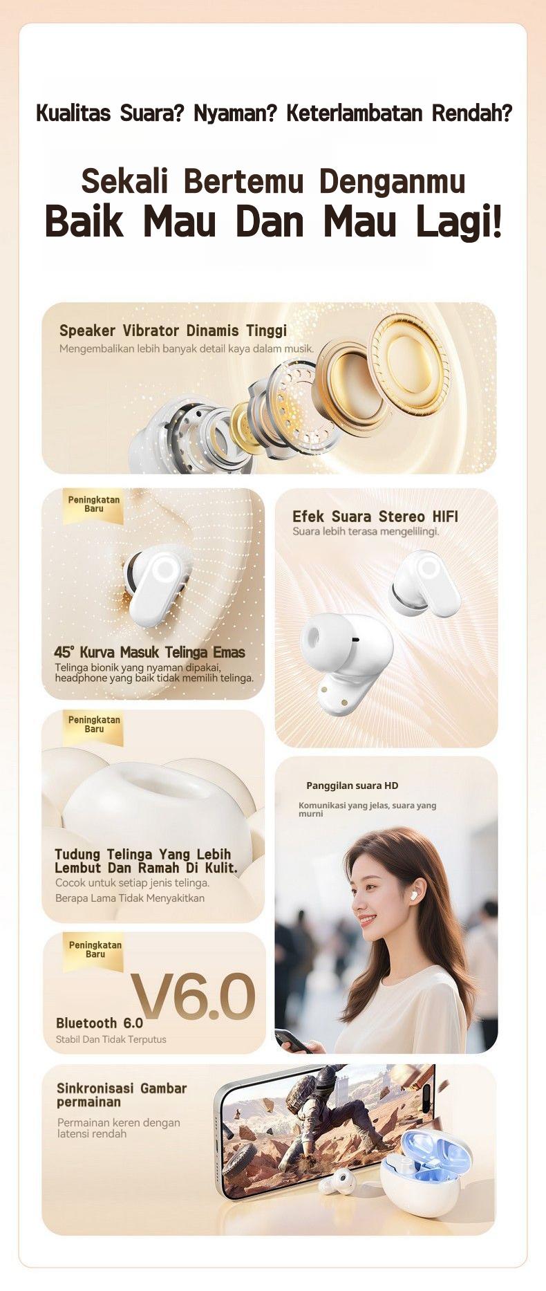 [COD] Yincoree [J16] Earphone Bluetooth 6.0 TWS - Reduksi Kebisingan Hybrid -48dB, 6-MIC ENC, 24 Jam Baterai, Latensi Rendah 0.04s, Audio 360° - Headset Nirkabel Kulit Gading untuk Gaming & Kerja In Ear Peredam Mikrofon Bawaan