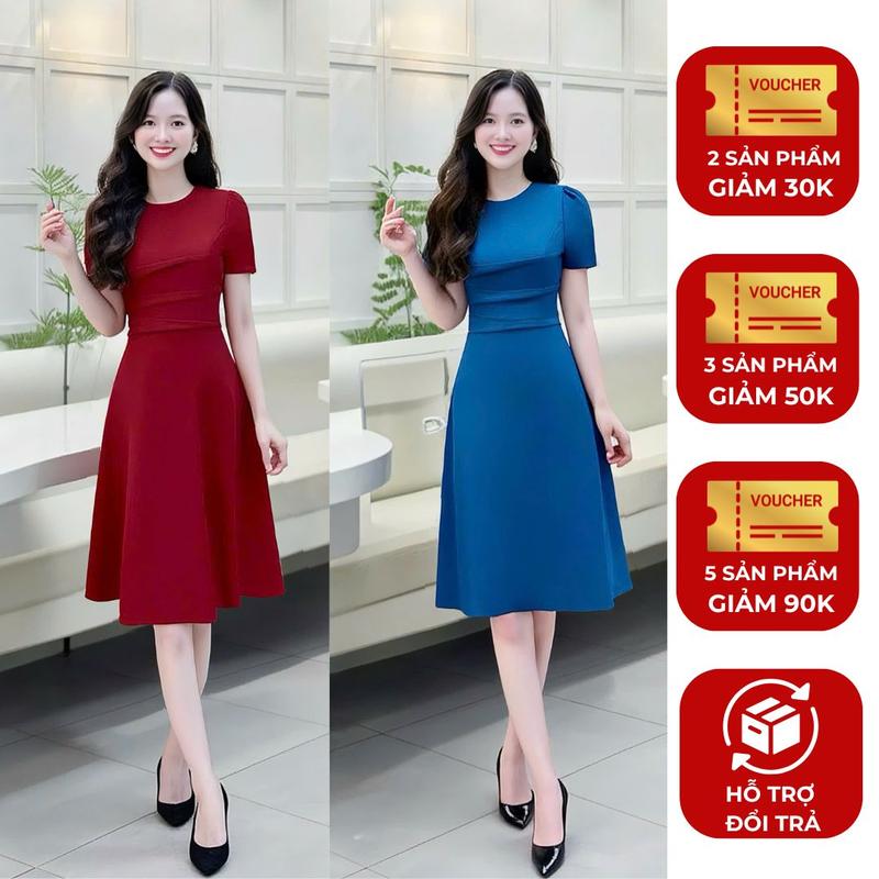  Đầm váy nữ xinh thiết kế hot trend Nhật Vy tay ngắn kiểu dáng dài liền xoè chiết eo big size chất lụa thoáng mát công sở văn phòng dự tiệc quà tặng vợ mẹ màu đỏ xanh nâu - D3523 Mix 