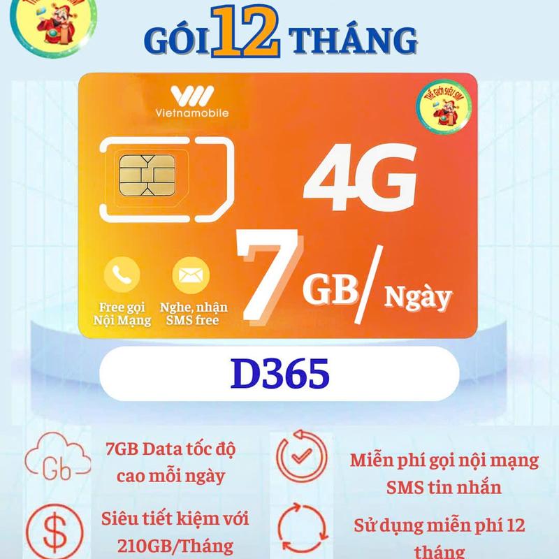   DATA 1 năm  Sim DATA D365 Vietnamobile - Sim vật lý - Data 7GB Ngày  210GB Tháng  + Miễn Phí Gọi Nội Mạng- DATA 4G 