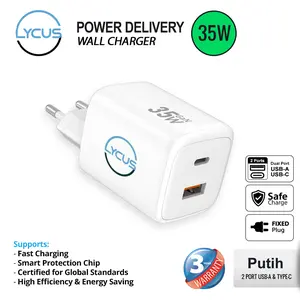 Lycus Power Delivery Fast Charger Adapter 35W Dual Port USB-A dan Tipe-C - Putih