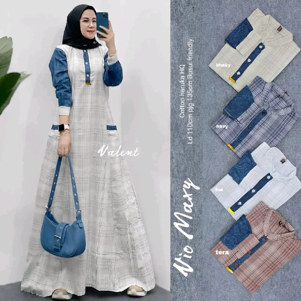 Dress Wanita Muslim LD110 NIO Maxi Busui Friendly - Produk Asli - Katun, Gamis, Syari, Kancing, Midi, Remaja, Motif.