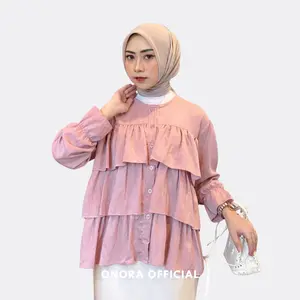 Dalia Blouse Wanita Dewasa Atasan Baju Bahan Pololinen Ruffle Lengan Panjang
