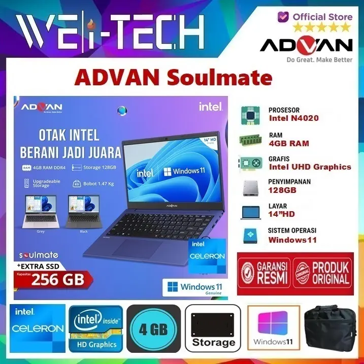 Laptop ADVAN Soulmate N4020 4GB 128GB 14"HD Win11