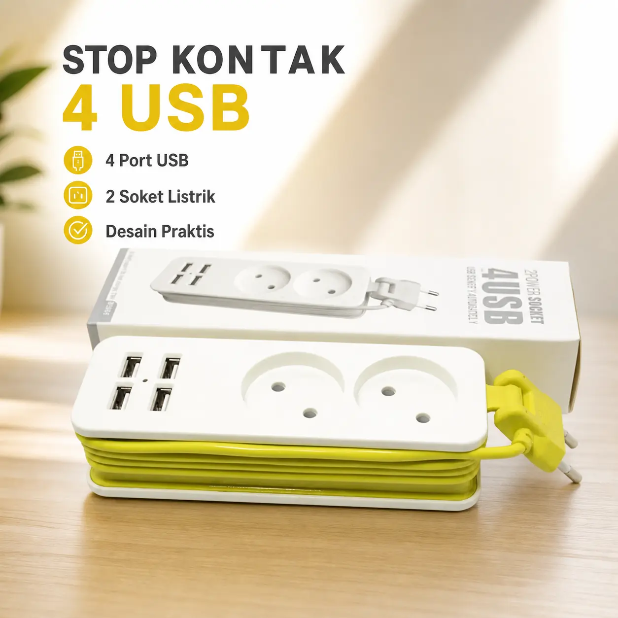 Stop Kontak Ekstensi 2 Soket 4 Port USB Kabel Gulung Warna Kuning Putih untuk Pengisian Daya dan Peralatan Rumah Tangga Desain Praktis dan Rapi - Penyimpanan, Listrik