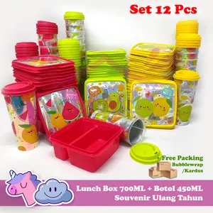 [BUNDLING] Set 12 Pcs Lunch Box + Gelas Tutup Fruitamin - Tempat Bekal + Tempat Minum Buah - Souvenir Ulang Tahun