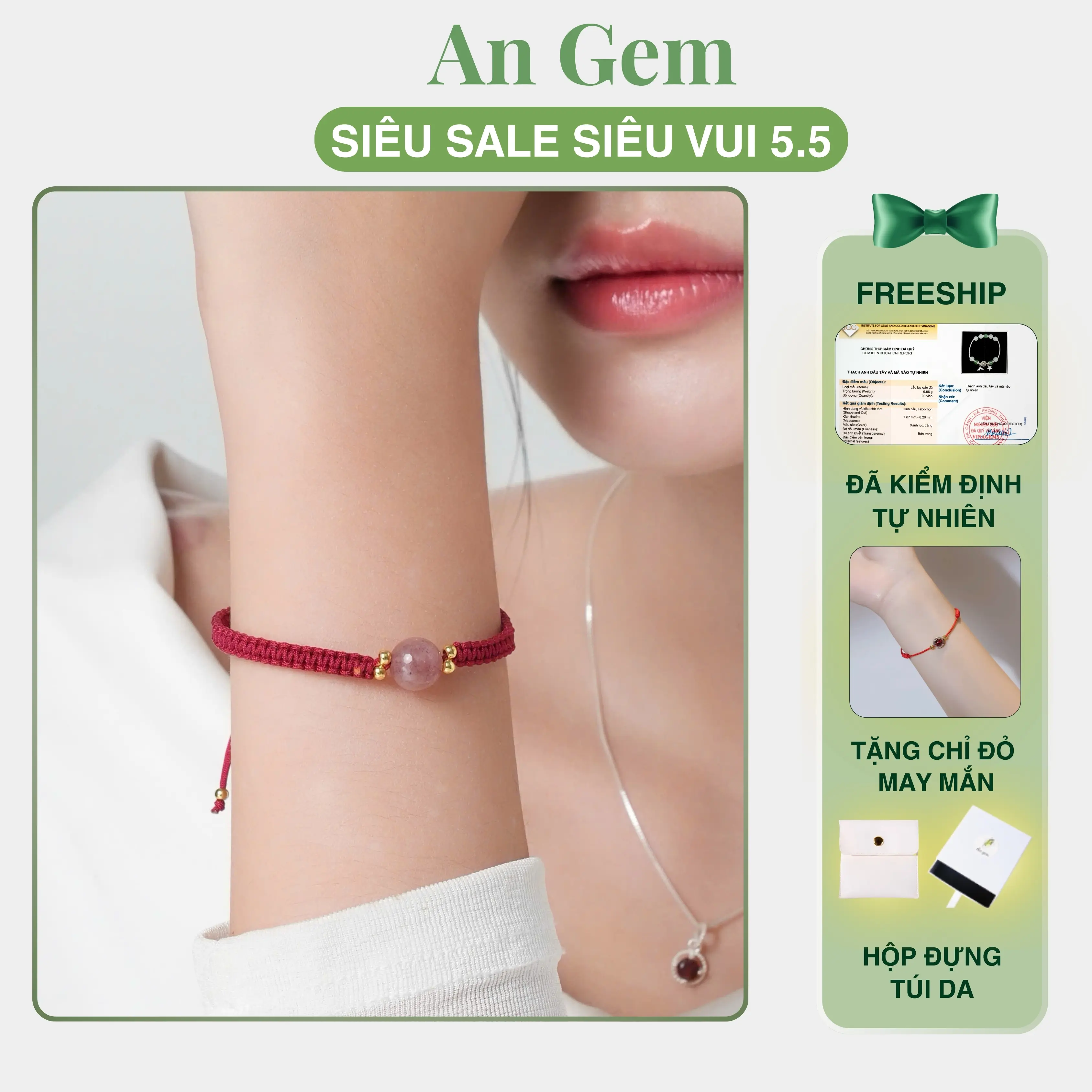 Vòng tay tết dây mix hạt đá An Gem vòng đá tết dây một hạt phong cách tối giản phụ kiện đeo tay nữ quà tặng sinh nhật giáng sinh Noel Tết Valentine [TẶNG VÒNG CHỈ ĐỎ]