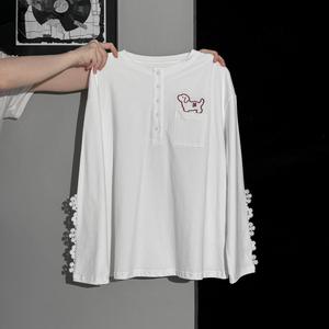 Loose-fitting women's T-shirt, early autumn design is currently popular women's clothing, white round neck embroidered lace women's loose T-shirt, women's clothing 2025 autumn new design unique loose casual long-sleeved top 3830 Womenswear Longsleeve