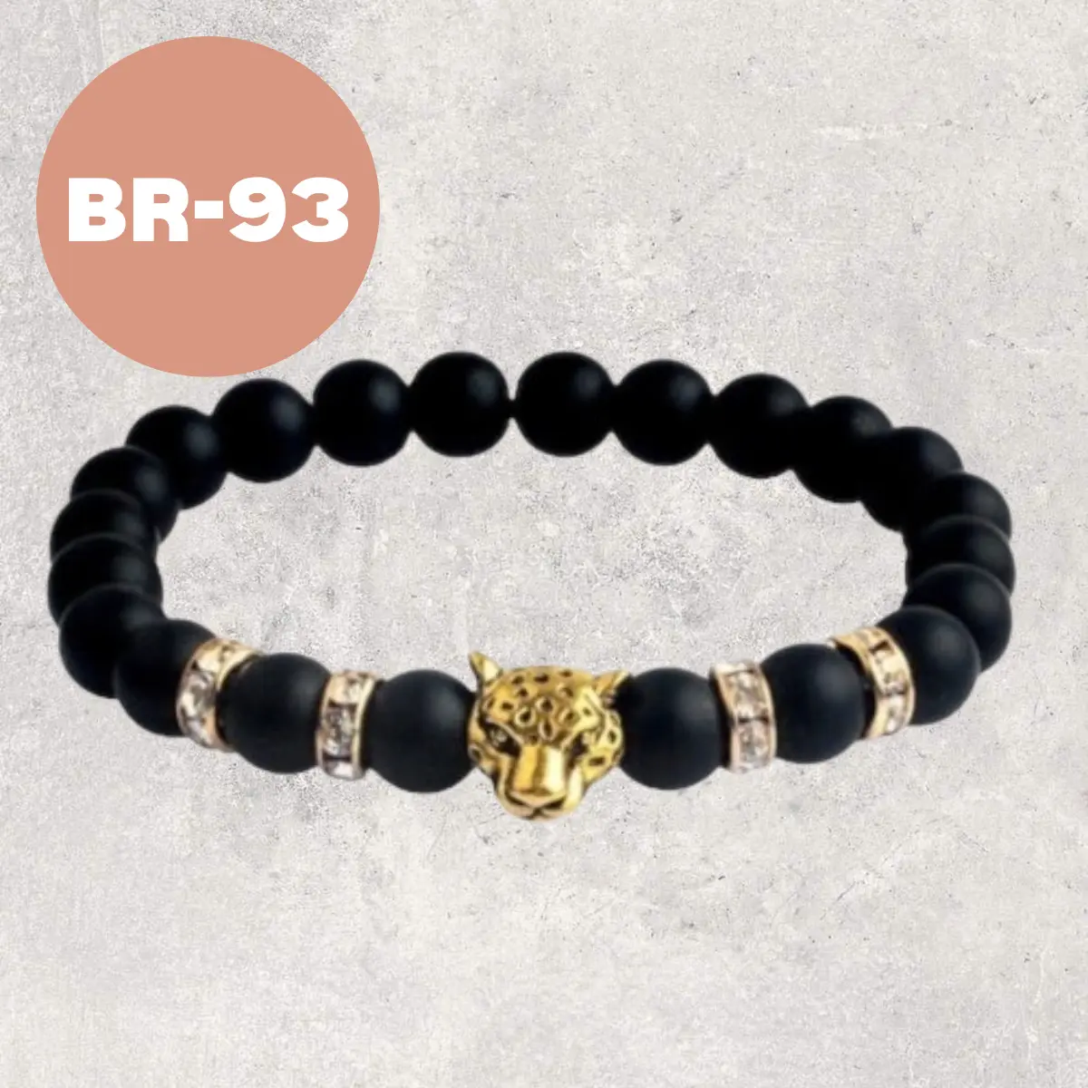 Gold Puma Lava Black Bracelet, Puma Head Charm Round Beads Bracelet for Women Men, Classic Stretchable Bracelet Gift for Birthday