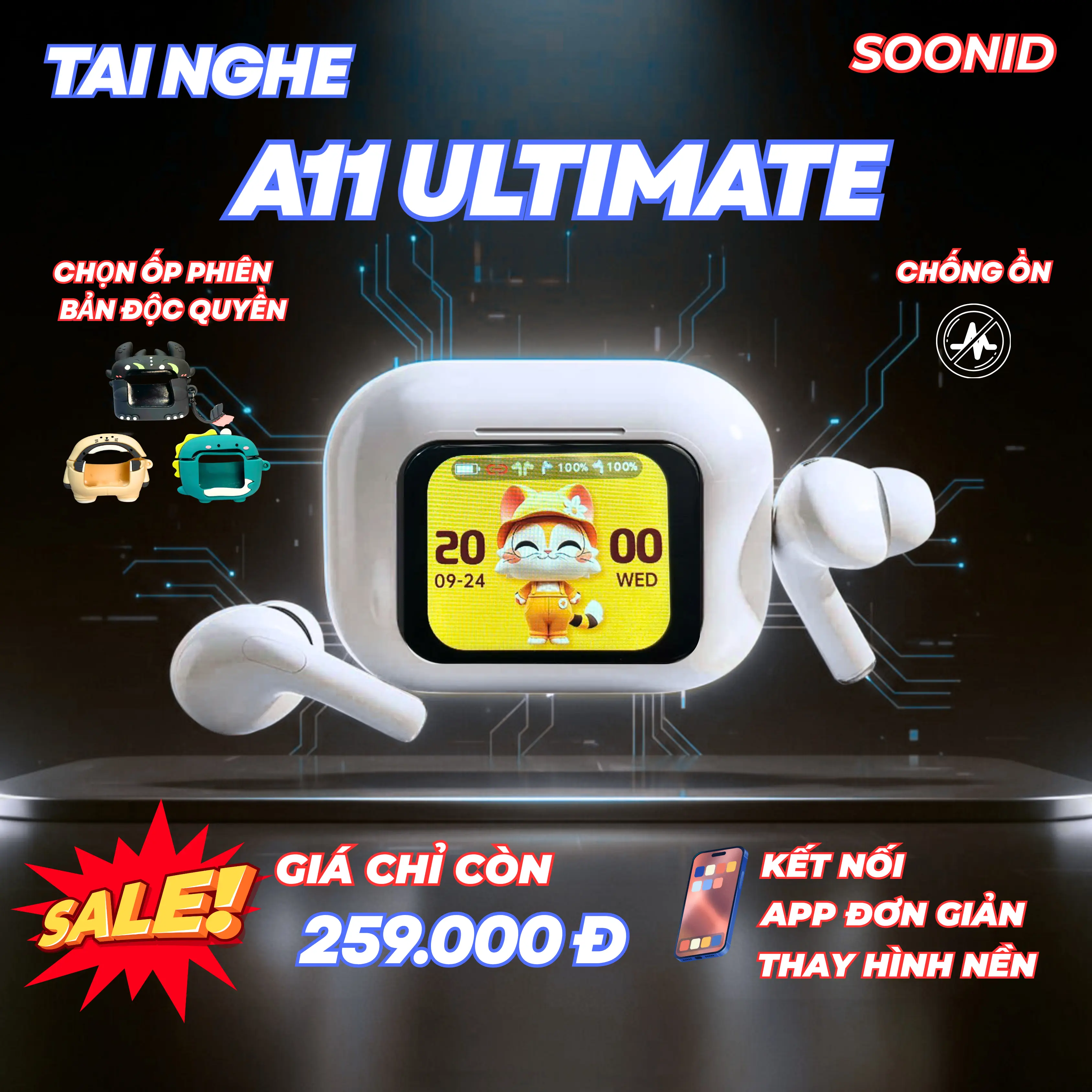 Tai Nghe A11 Ultimate Xịn ( Nâng cấp pin ) Kết Nối App, Full viền màn hình, Chống ồn ENC, Kháng nước IPX6, EQ Cân bằng âm thanh, Phù hợp mọi dòng máy | BigBuy360 - bigbuy360.vn