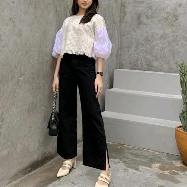 Kulot Jeans Belah Samping Kulot Jeans Highwaist Eony Boyfriend Kantong Karet Celana Panjang Baggy 1