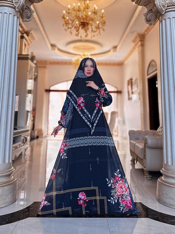 Tania Set Syar'i (Gamis & Khimar) Hitam Kain Motif Muslim Panjang Printing 3