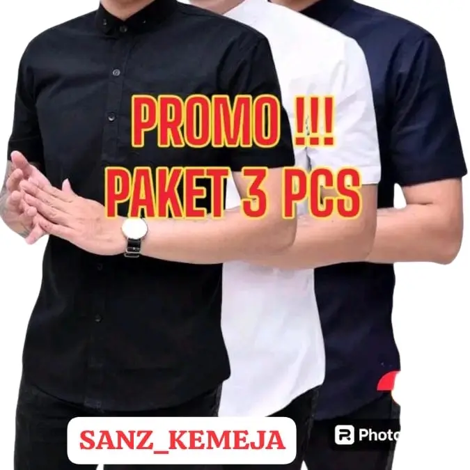 Kemeja Polos Slimfit Lengan Pendek Model Kerah Simple - Paket 3 Pcs - Variasi Hitam, Putih, dan Navy - Santai, Pria, Nyaman, Katun, Standar Baju Casual