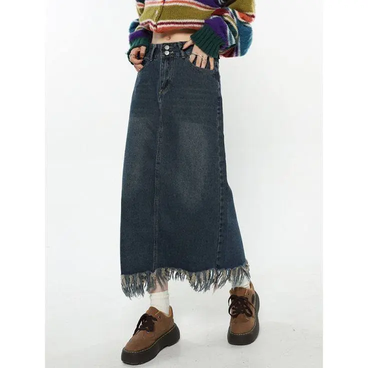 ALYA - Denim Skirt Rok Jeans S05 Vintage Midi Skirt Jeans Rawis A-line Kancing 2 Rok Jeans Wanita Korea Style Rok Jeans Highwaist Rumbai 2