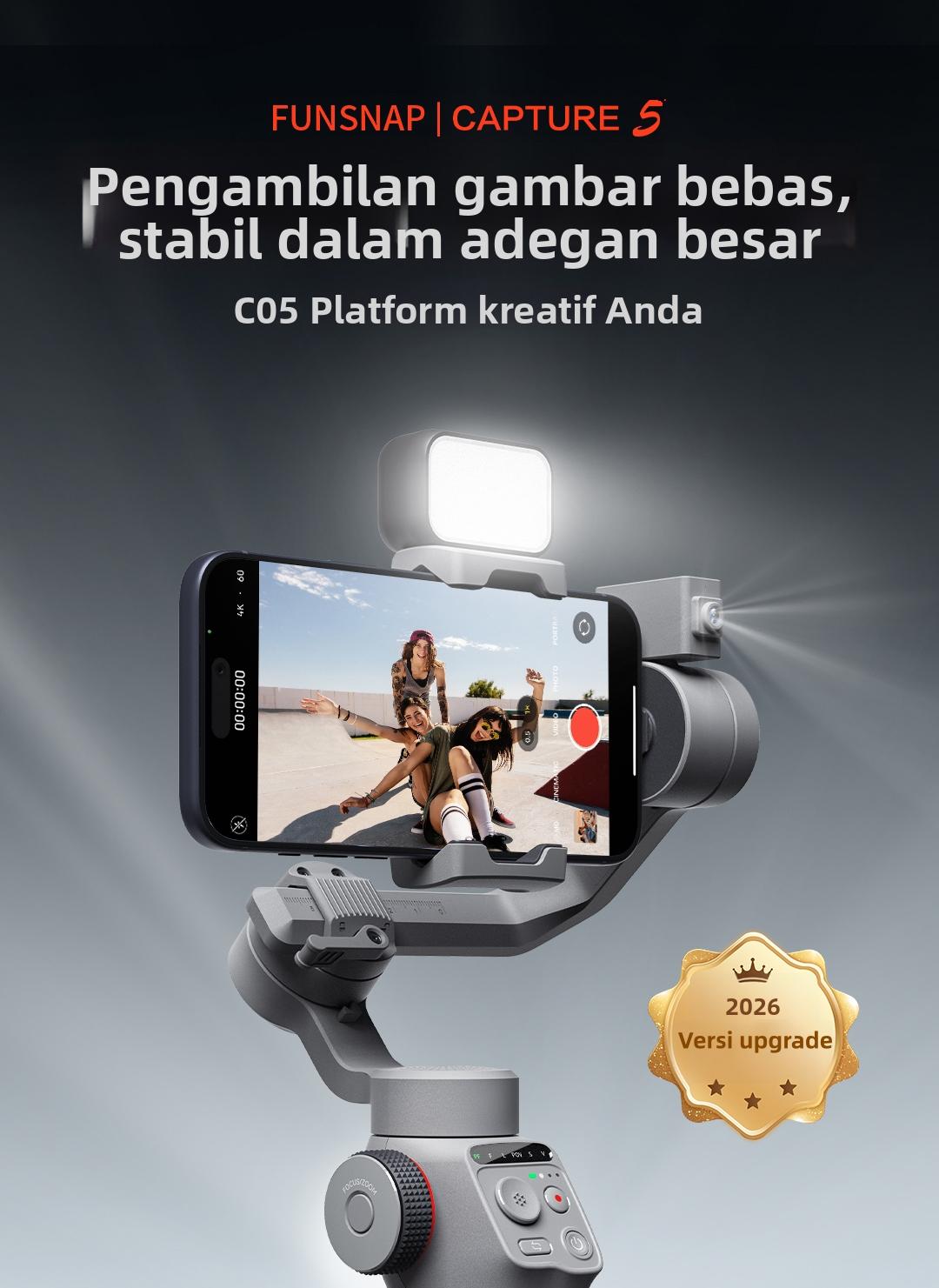 FUNSNAP Capture5 Gimbal Stabilizer HP 3 sumbu, AI Tracking Otomatis untuk Vlog & Live Streaming