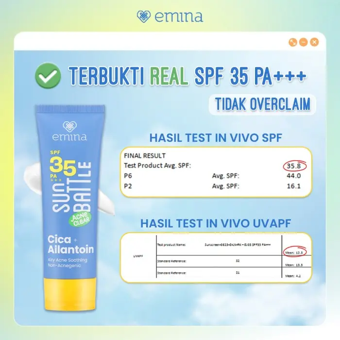 Emina Sun Battle Bright Glow SPF 35 PA+++ | Emina Sun Battle Acne Clear SPF 35 PA+++ - Sunscreen Serum Amino Vitamin C - Cerah, Ringan, Hydrating [Teruji In Vivo] Non Acnegenic & Non Comedogenic. Cocok untuk Kulit Berjerawat & Semua Jenis Kulit 6