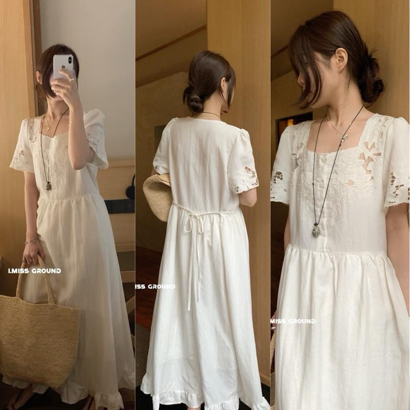 PETBYCHANG - Váy babydoll dáng dài thêu hoa vintage I Miss – tay bồng, cổ vuông, form rộng che dáng