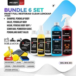 PAKET CUCI LENGKAP PENGKILAP PEMBERSIH PERAWATAN KENDARAAN 6 BOTOL by INCLEEN AUTO CARE | CAT DOFF GLOSSY PENGHITAM BODY KASAR BAN DAN MESIN MOTOR MOBIL KINCLONG