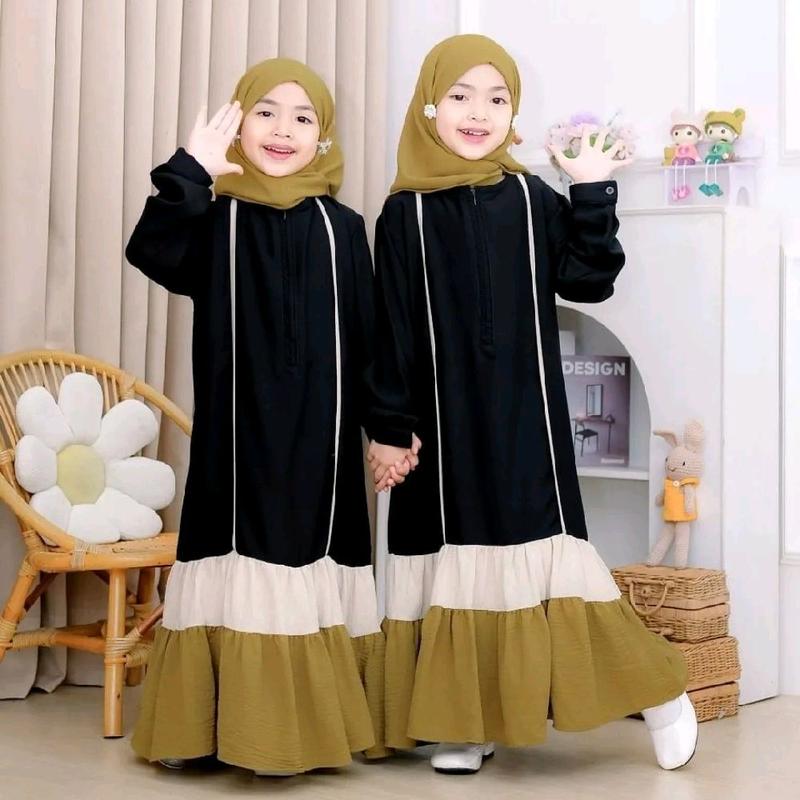 Gamis Lebaran Anak Perempuan Simple Elegan Untuk Anak Usia 6 7 8 9 Tahun Fahira Kids Abaya Set Hijab Bahan Crinkle Resleting Depan Bagian Tangan Karet Pakaian Muslim Anak Perempuan Kekinian 0