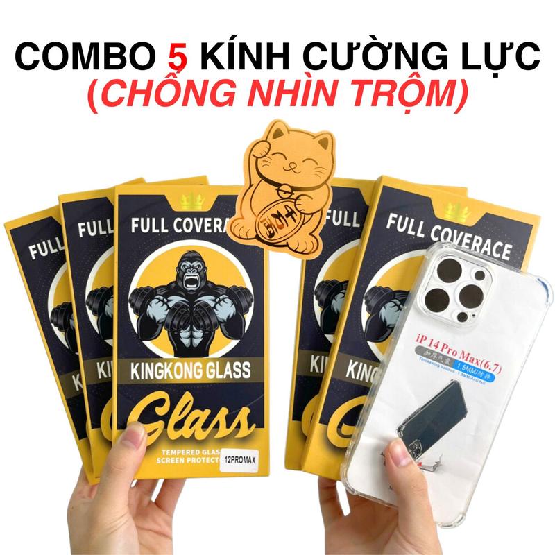 [5 CHỐNG NHÌN TRỘM] COMBO 5 Kính cường lực Kingkong Glass CHỐNG NHÌN TRỘM dành cho iphone, có khung tự dán tại nhà, TẶNG 1 ốp trong chống sốc + 1 mèo thần tài may mắn kem phone phụ kiện - BIMCARE