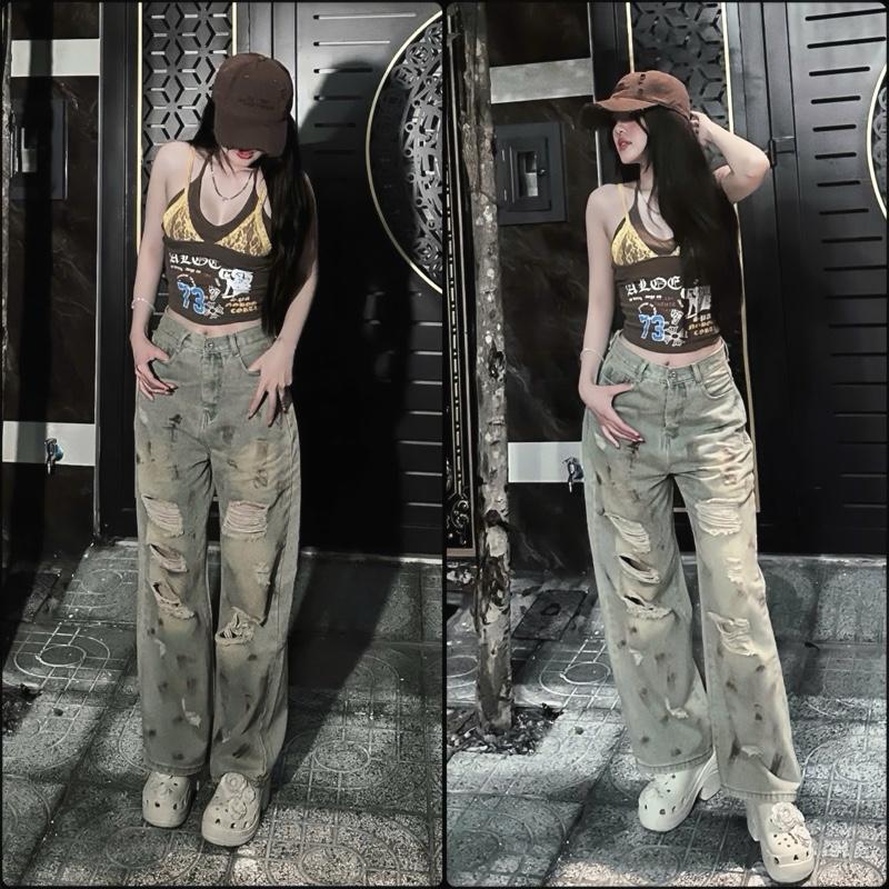  S - 2XL Quần Jeans Suông Nữ Lưng Cao rách phối Sơn Tông màu bụi - Cá Tính Quần dài 104cm Chất Jean cotton mềm không giản. 5827 