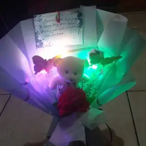 Buket Boneka Mini dan kupu kupu led plus bunga / Buket Bunga Mawar Artificial untuk Ulang tahun cewek cowok / Buket  Wisuda / Anniversary  / Bouqet Pakai Lampu