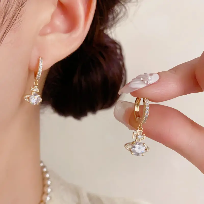 EAR PARTNER-S925 Jarum perak Perancis retro cahaya mewah serbaguna high-end bertatahkan Zircon anting-anting unik minimalis super berkilau