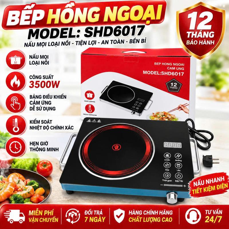Bếp Hồng Ngoại Cảm Ứng Công Suất 3500W Chất Liệu Kính Chịu Nhiệt Bảo Hành 12 Tháng Tiện Dụng Đèn Báo Khi Nóng Hẹn Giờ Hiển Thị Điện Năng Tiêu Thụ