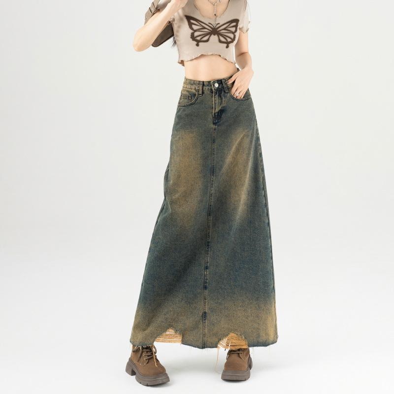  Chân váy dáng dài jeans HIBENA cạp cao chân váy jean chữ A tua rua tôn dáng thanh lịch V17 