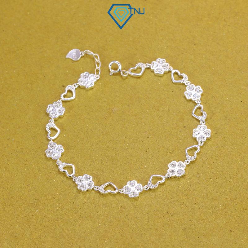 Vòng tay nữ bạc hình cỏ 4 lá trái tim đính đá lấp lánh LTN0389