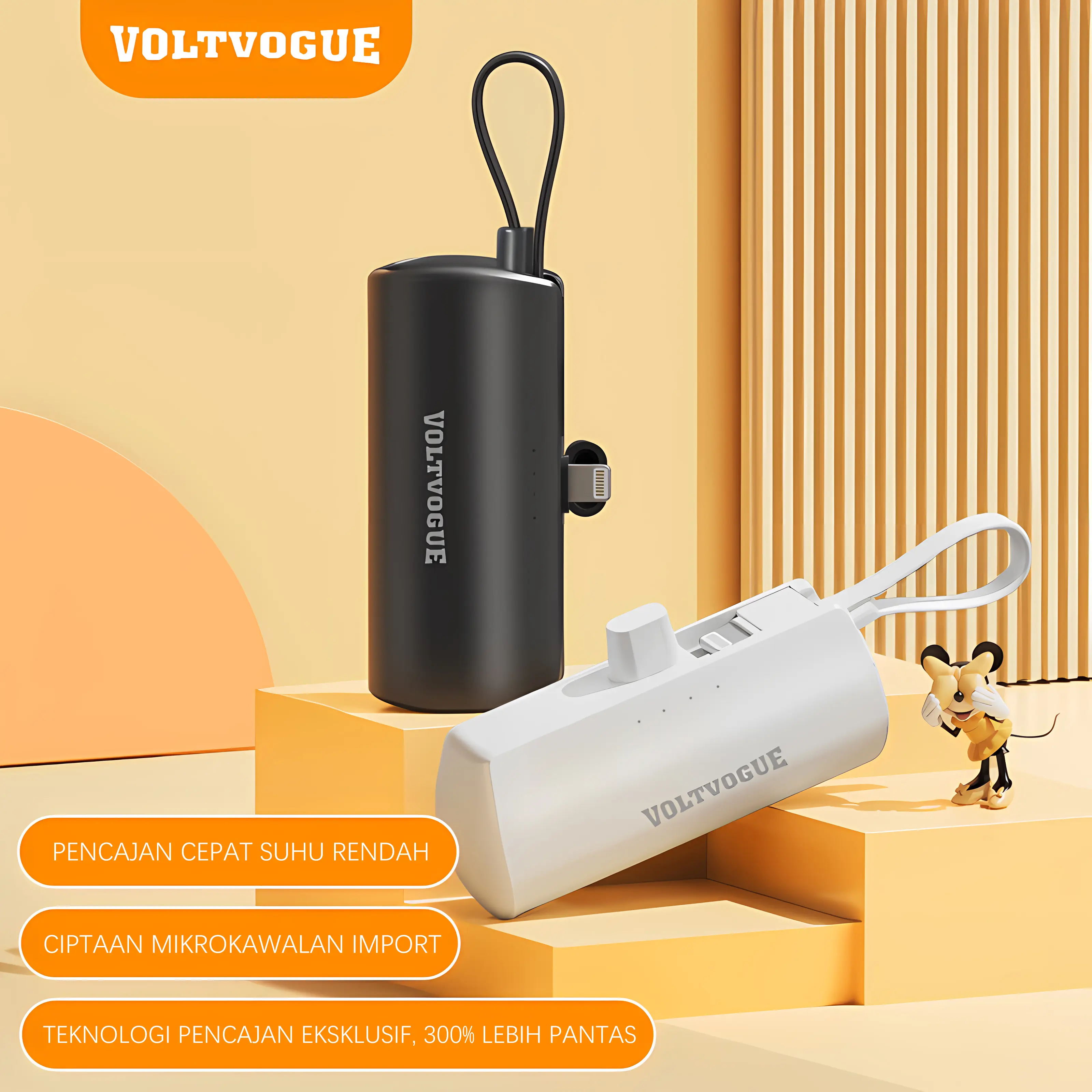 VOLTVOGUE power bank mini 5000mAh, reka bentuk ringkas dengan Type-C dan Lightning, ideal untuk Apple dan Android. Saiz kompak, cip keselamatan pintar, pengecasan cepat untuk gaya hidup sibuk.