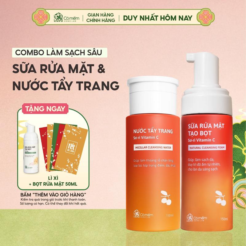  Bộ Chăm Sóc Da 2 Bước Nước Tẩy Trang Và Bọt Rửa Mặt Sơ-Ri Vitamin C Cỏ Mềm 