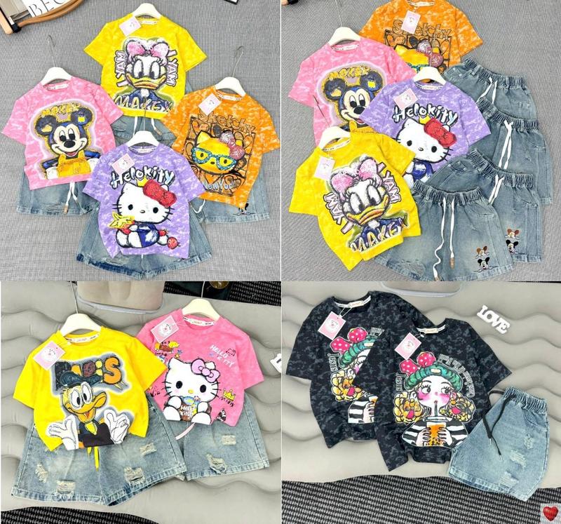 [MinMinKid2] (18-42kg) Set áo thun cotton in họa tiết CÔ GÁI TÓC XÙ phối quần sooc jean kèm phụ kiện xinh xắn cho bé gái